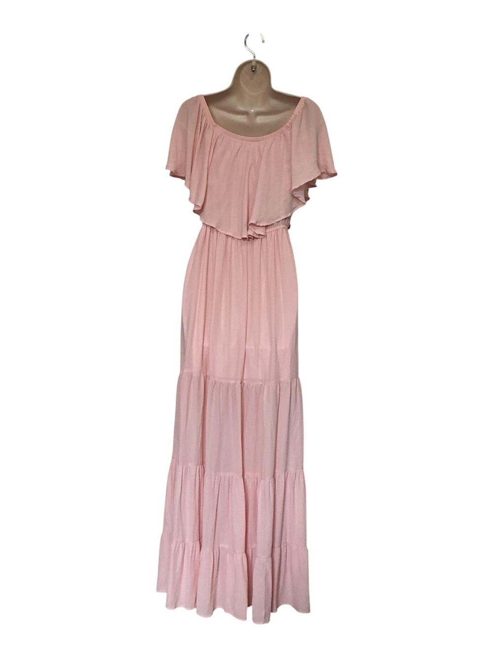 Venus Blush Pink Off Shoulder Maxi Dress Tiered Ruffle Size 12 Bridesmaid Boho - Picture 7 of 14